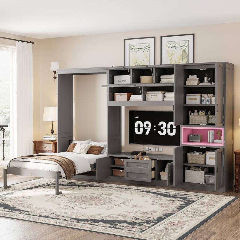 Space Saving Twin Murphy Bed, Wall Bed Unit with TV Console, Drawers and Storage Cabinets - Grey