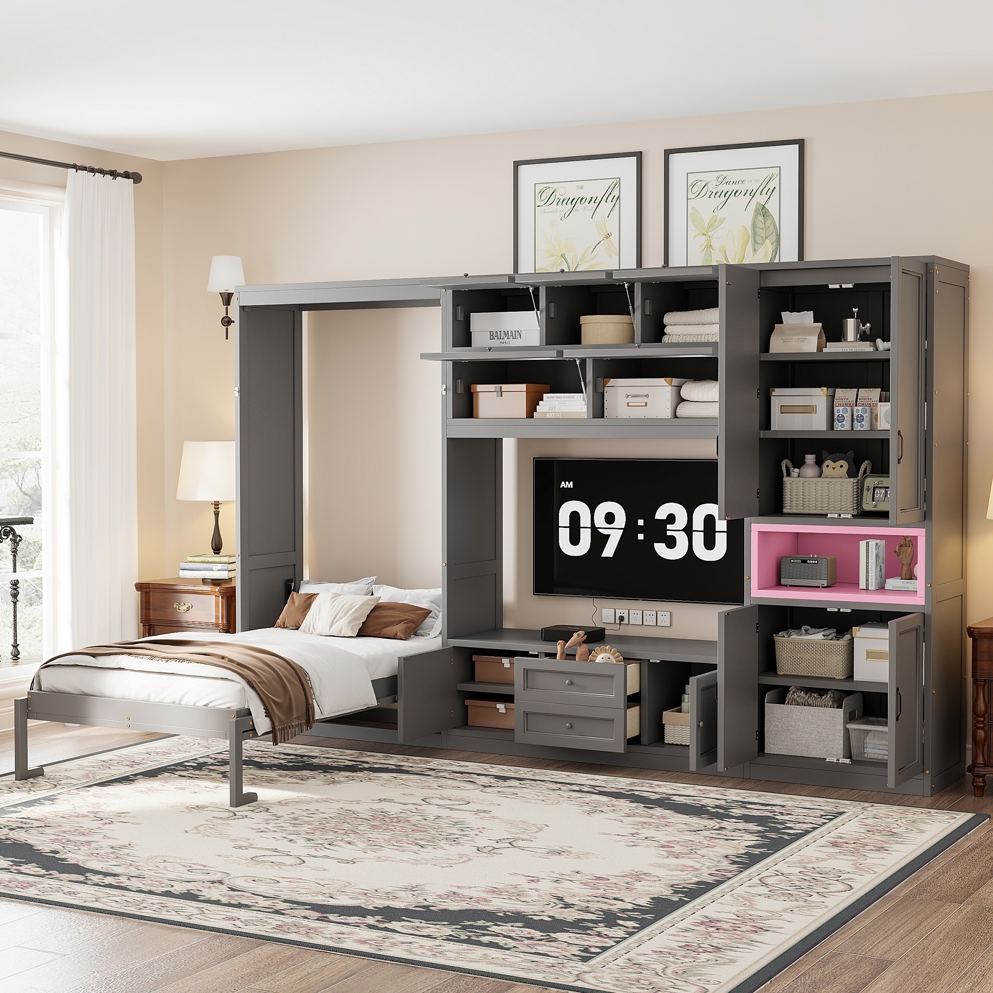 Wooden Twin Size Murphy Bed Wall Bed Frame with TV Stand, Solid Wood Storage Murphy Bed Cabinet, No Box Spring Needed