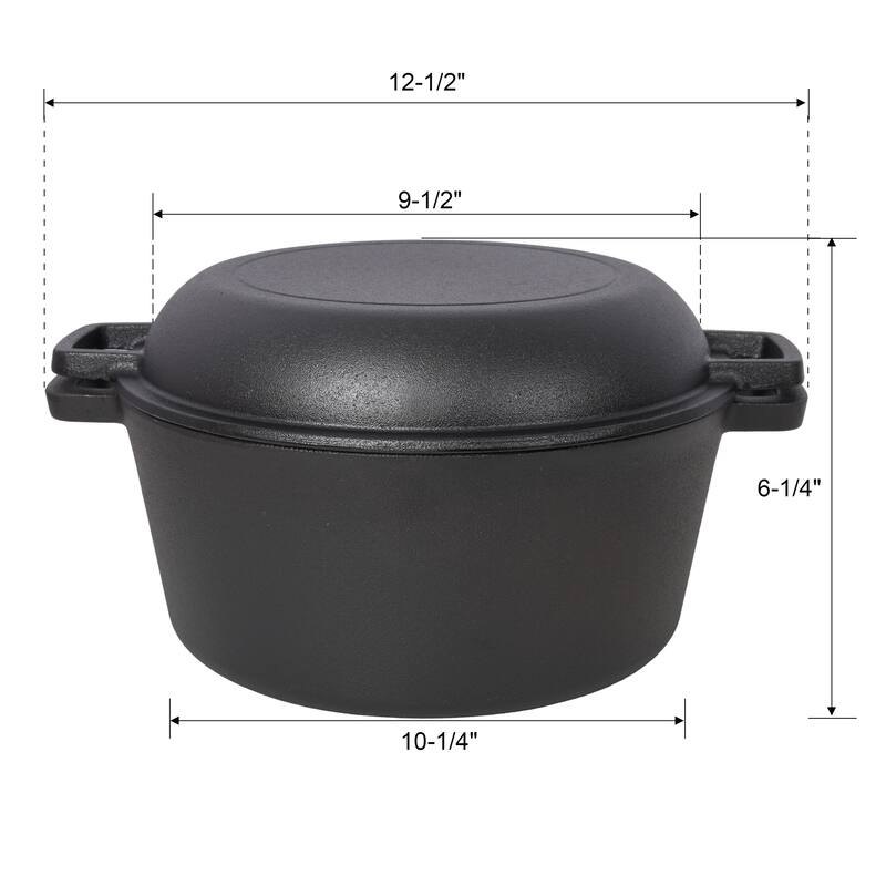 3-IN-1 Pre-Seasoned Cast Iron Dutch Oven with 2 Silicone Handle Covers and Lid Lifter, 5QT Outdoor Deep Pot and Skillet Lid