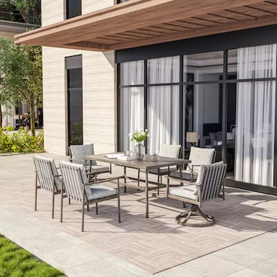 SleekLine 7-Piece Aluminum Patio Dining Set with Webbing Chair Back and Removable Cushions