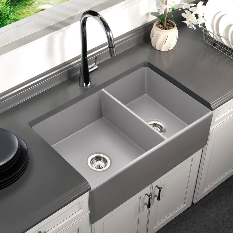 Houzer PTD-6040 Platus 33" Farmhouse Double Basin Fireclay Kitchen