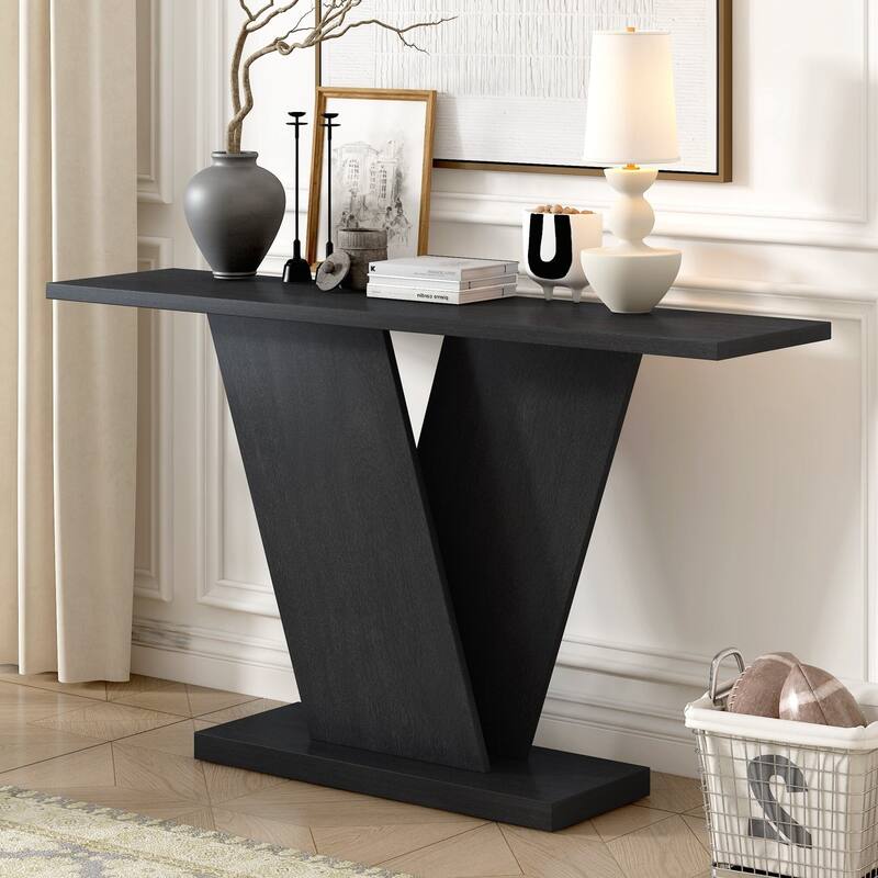 Console Table with Natural Wood Veneer,V-Base Design for Classic Versatility ,Perfect for Displaying Your Favorite Items - Black