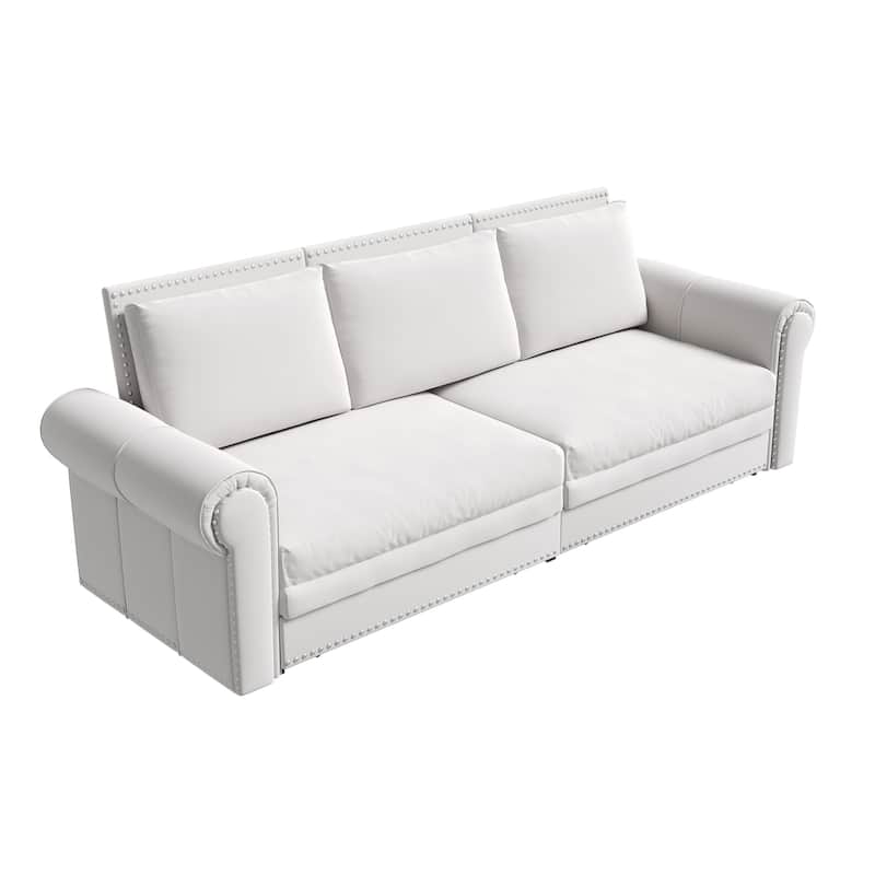 93.7" King Pull Out Sofa Bed w/ Nailhead Trim & Rolled Arm for Living Room Bedroom - White