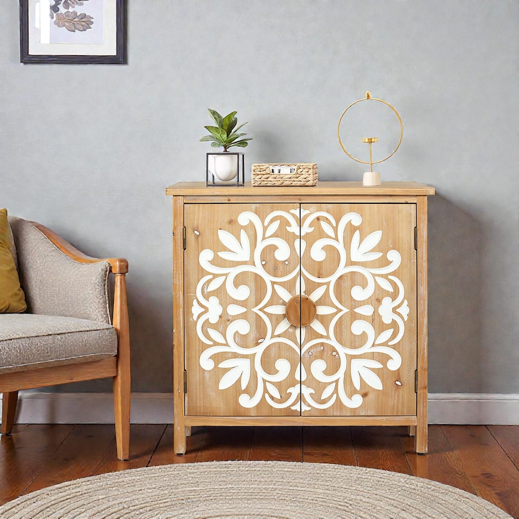 Rustic Wooden Accent Cabinet with Floral Carved Doors, 2-Door Storage Sideboard for Living Room