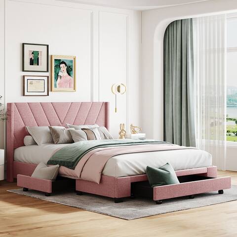 Queen Size Linen Upholstered Storage Platform Bed with 3 Built-in Drawers, Headboard and Wood Slats