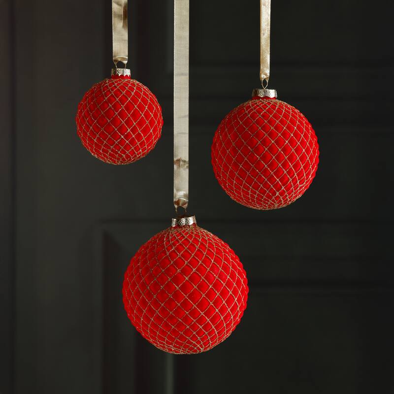 4-Piece Set Flocked 4.75" Glass Ball Christmas Ornaments with Gold Accents