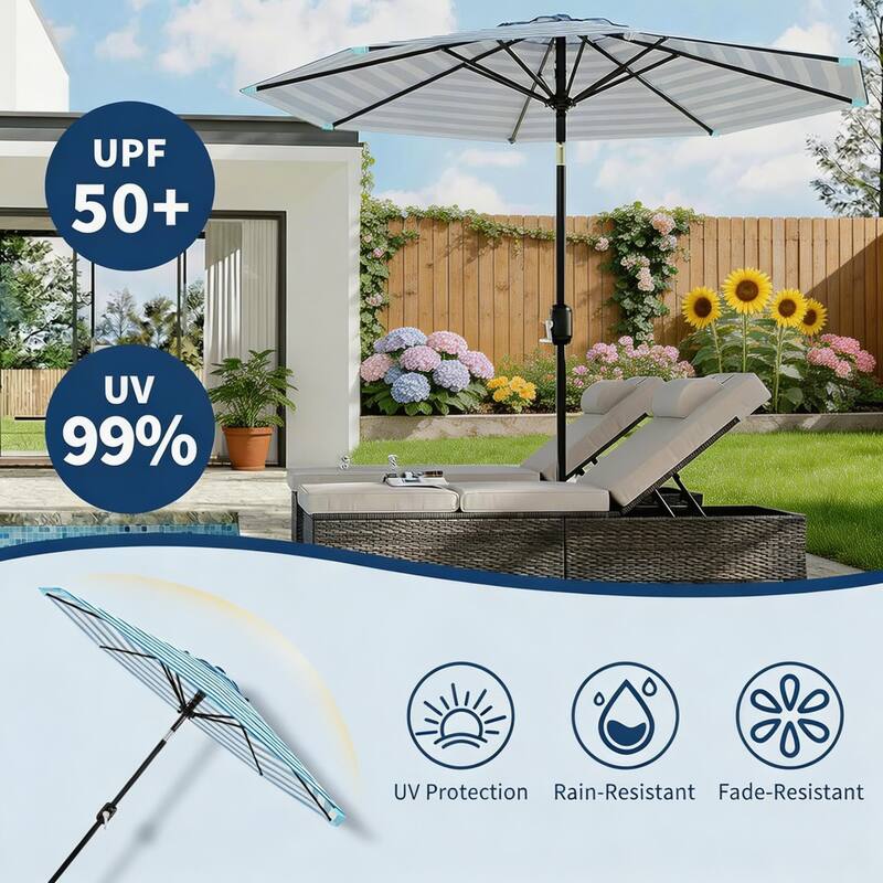 9 ft Patio Umbrella, with Crank Lift & Push Button Tilt, 8 Sturdy Ribs