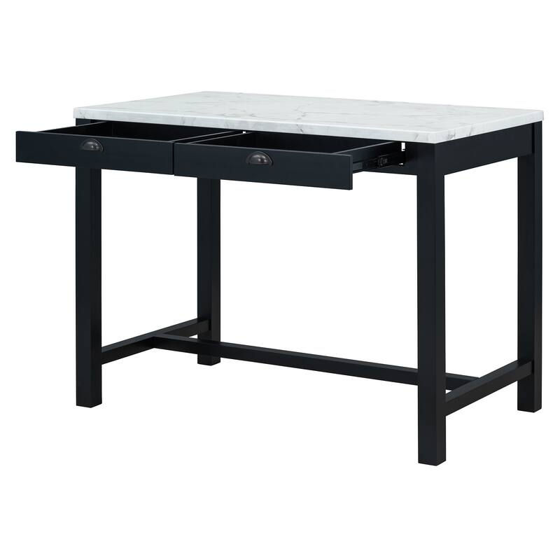 Modern Faux Marble Bar Table Set with Storage & Stools