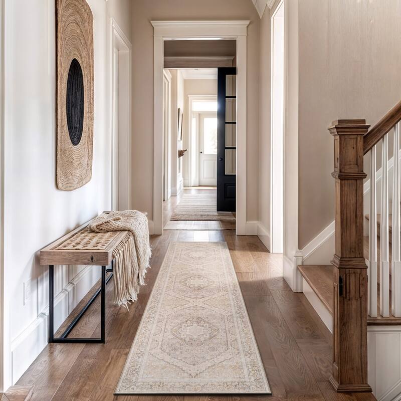 Beige Medallion Flat Pile Washable Rug - Pet Friendly, Non-Slip for Entryway and Bedroom - Beige - 2'6" x 8'
