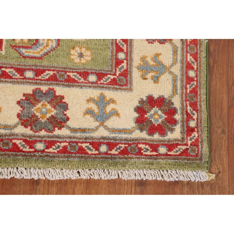 Light Green Geometric Kazak Accent Rug Handmade Wool Carpet - 3'4" x 4'7"