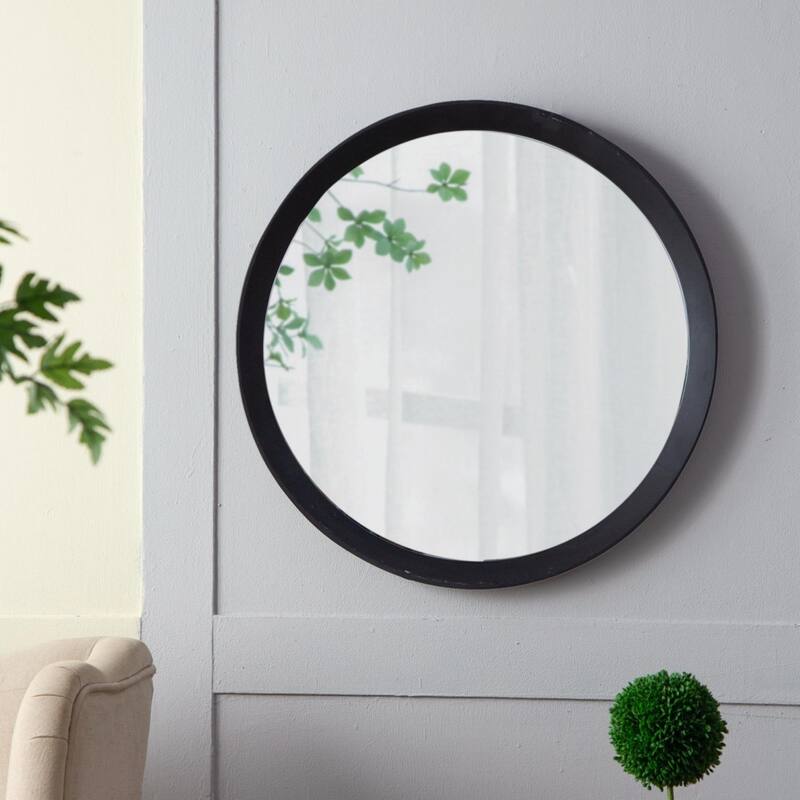 Round mirror with solid wood frame