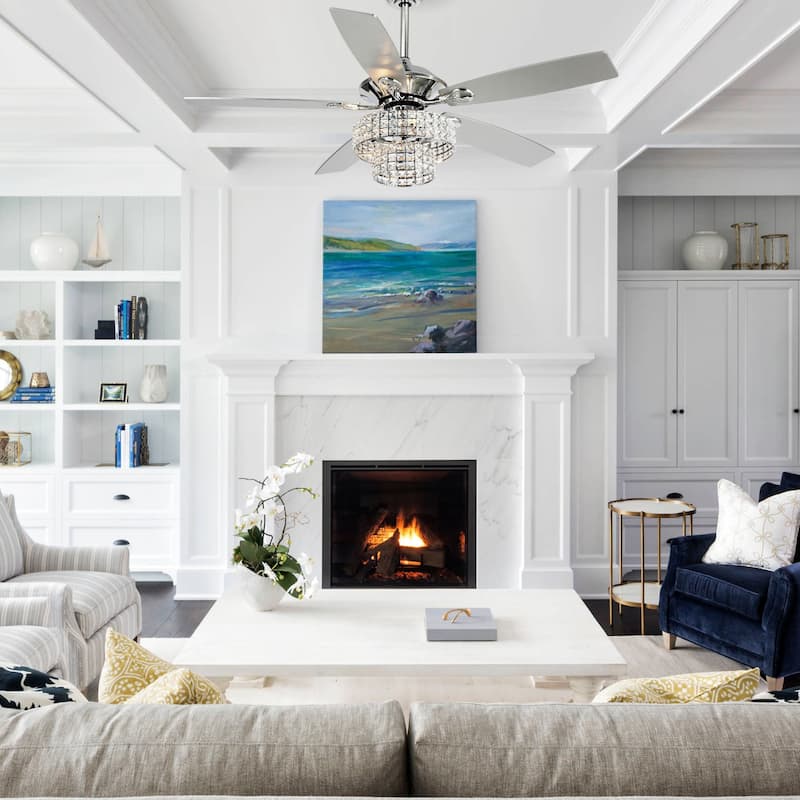 52-inch Chrome Wooden 5-blade Modern Crystal Ceiling Fan with Remote