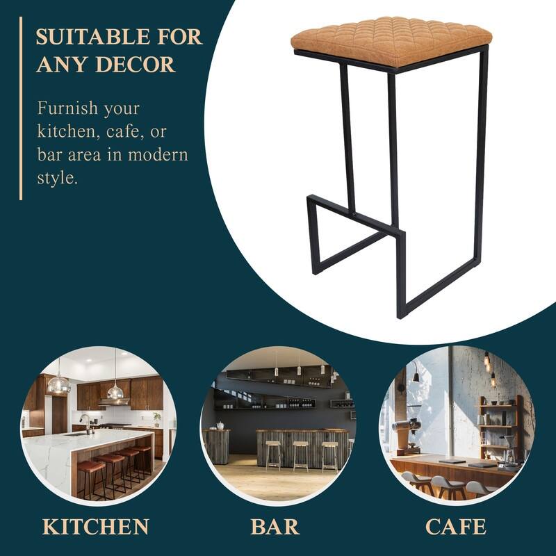 Quincy Leather Quilted Counter Height Barstool (Set of 2) with Upholstered Square Seats & Footrest for Home Bar & Kitchen