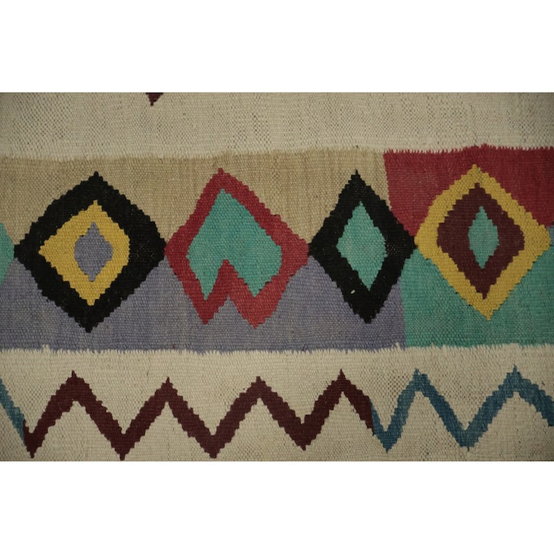 Hand Woven Oriental 100% Wool Carpet Southwestern Modern Beige & Ivories Kilim Area Rug - 12' 0'' X 5' 1''