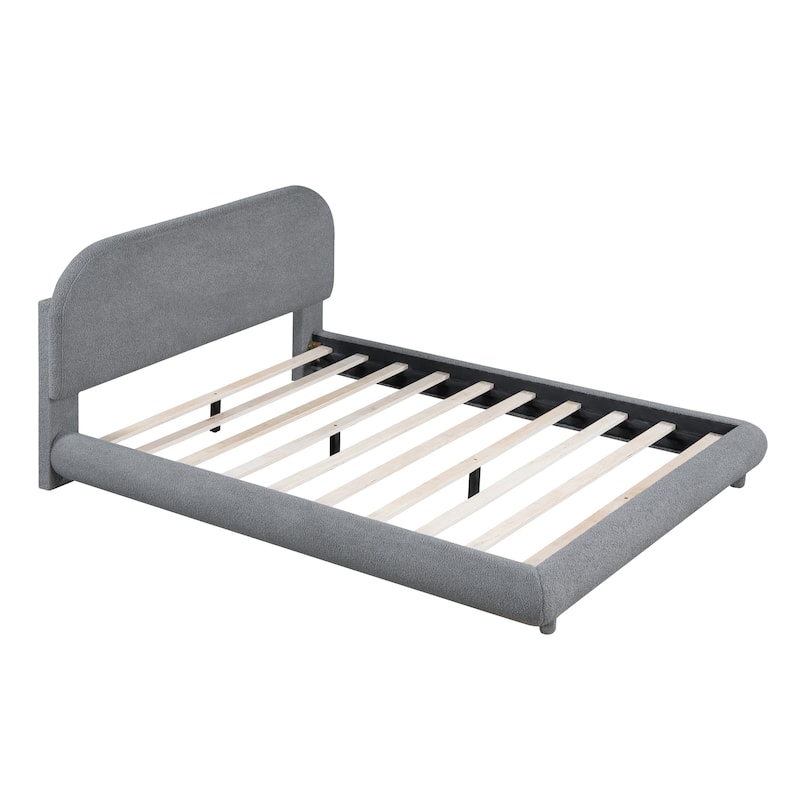 Curve Shaped Headboard Bed Frame, Teddy Fleece Upholstered Platform Bed with Thick Fabric, Wood Low Profile Bed Panel Bed