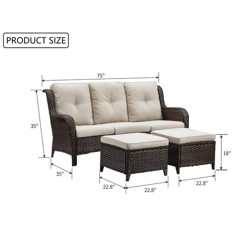 Gymojoy 3-Piece Outdoor Patio High-back Wicker Sectional Ottoman Set