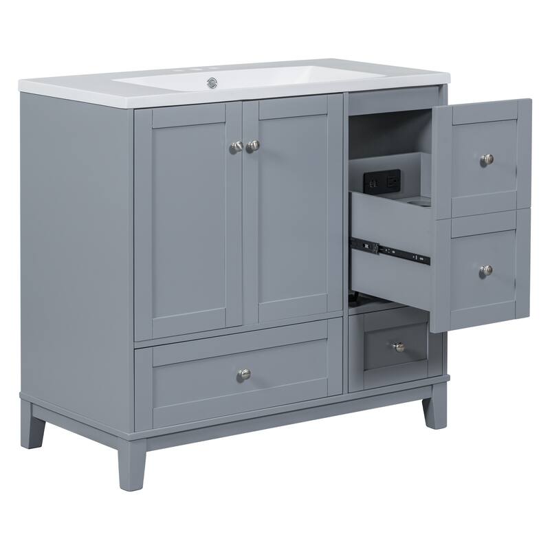 36" Modern Bathroom Vanity with USB Charging, 2Doors and 3Drawers Storage Vanity Cabinet, single sink, Faucets Not Included