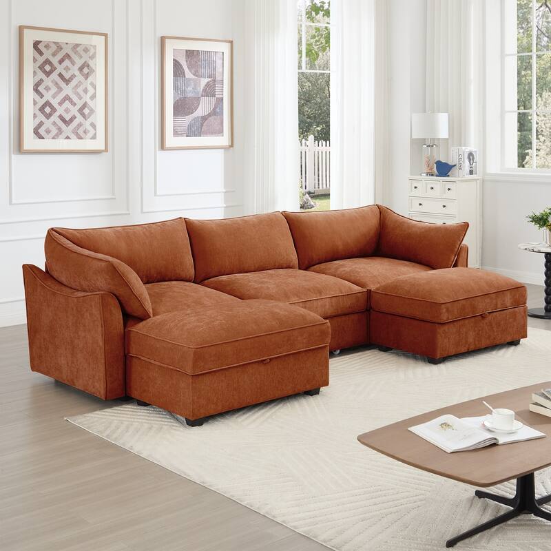 U-Shape 3-Deep Seater Sofa Couch with 2 Movable Storage Ottomans & Pull Out Drawers