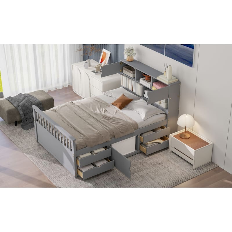 Full Size Captain Platform Bed Frame With Storage Bookcases And Shelves,4 Drawers