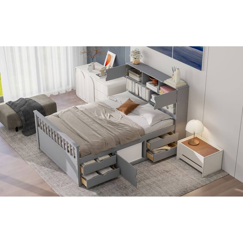 Full Size Captain Platform Bed Frame With Storage Bookcases And Shelves,Four Drawers