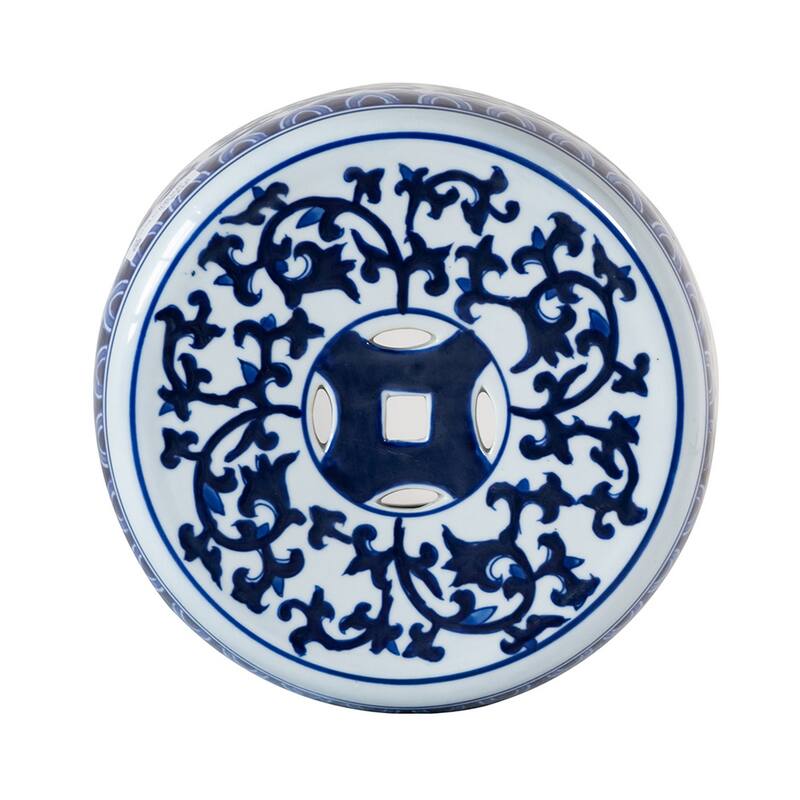 11 Inch Garden Stool, Ceramic Drum Shape, Blue, White Floral Pattern