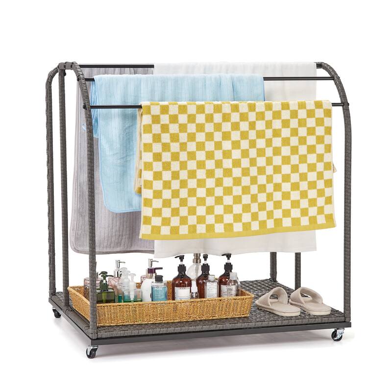 Pool Towel Rack Outdoor with Rattan 5 Bar Free Standing Poolside - All rattan weaving