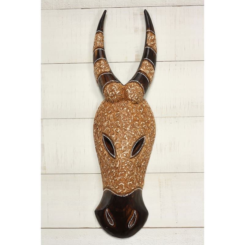 Wood Buffalo Wall Mask Hand Carved Tribal Art, Decorative Rustic Animal Wall Decor - 12" Tall x 4.5" Wide x 2" Deep