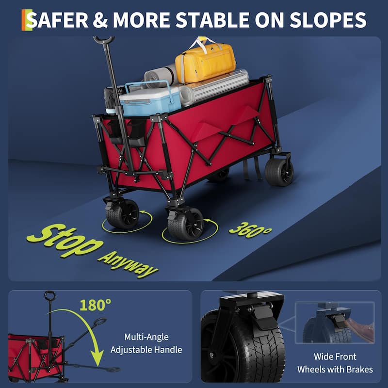 Folding All Terrain Utility Wagon Cart with Wheels and Cup Holders