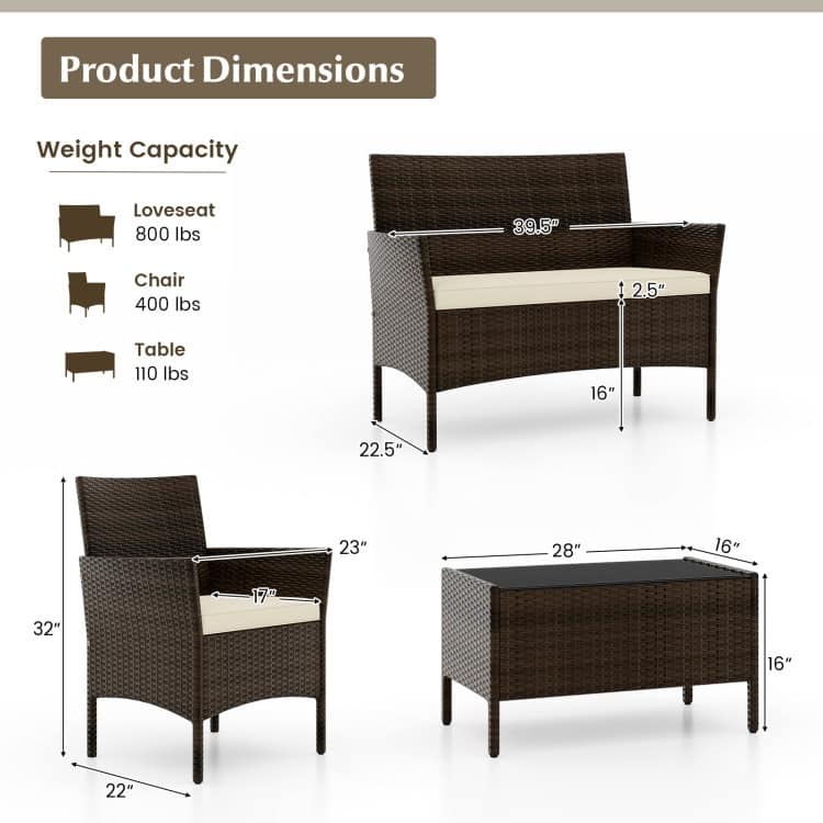 4 Piece Outdoor Rattan Patio Set with Cushions and Glass Table - 39.5" x 22.5" x 32"