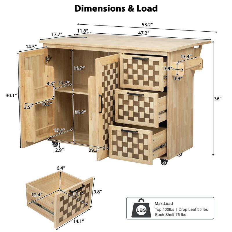 53" Rolling Kitchen Island with Drop Leaf, Internal Rack,Power Outlet