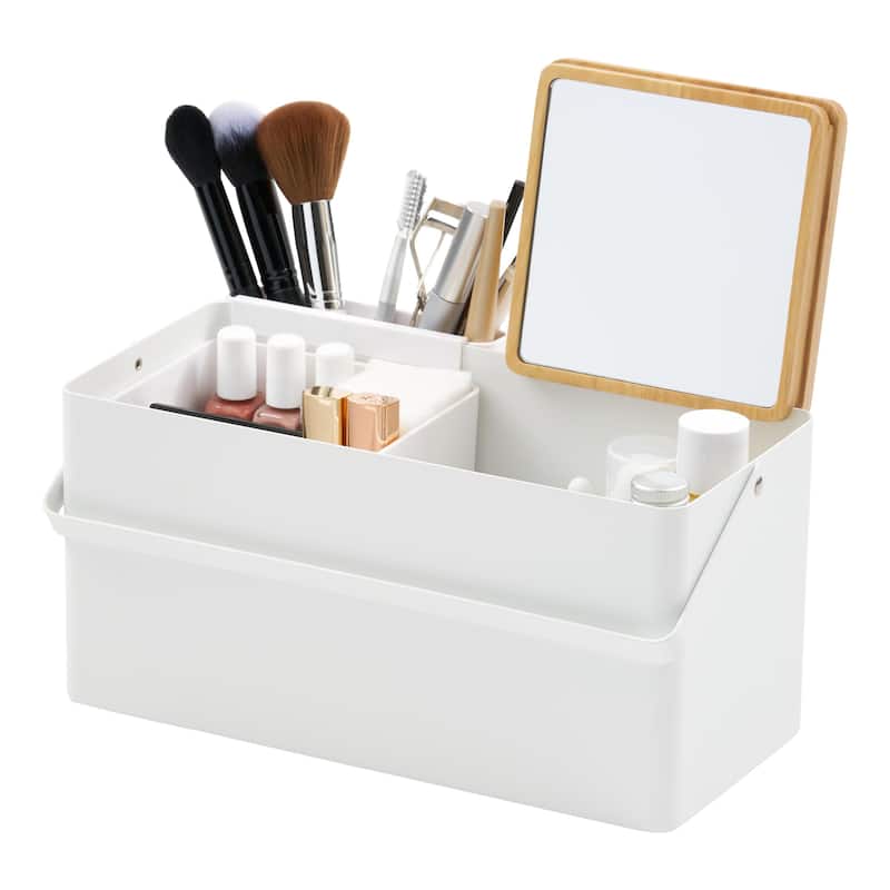 Yamazaki Home Makeup Organizer with Mirror, Steel and Wood, Holds 3.3 lbs - L 5.91 x W 12.2 x H 6.18 inches - White