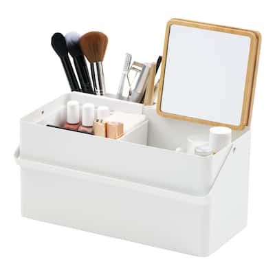 Yamazaki Home Makeup Organizer with Mirror, Steel and Wood, Holds 3.3 lbs - L 5.91 x W 12.2 x H 6.18 inches
