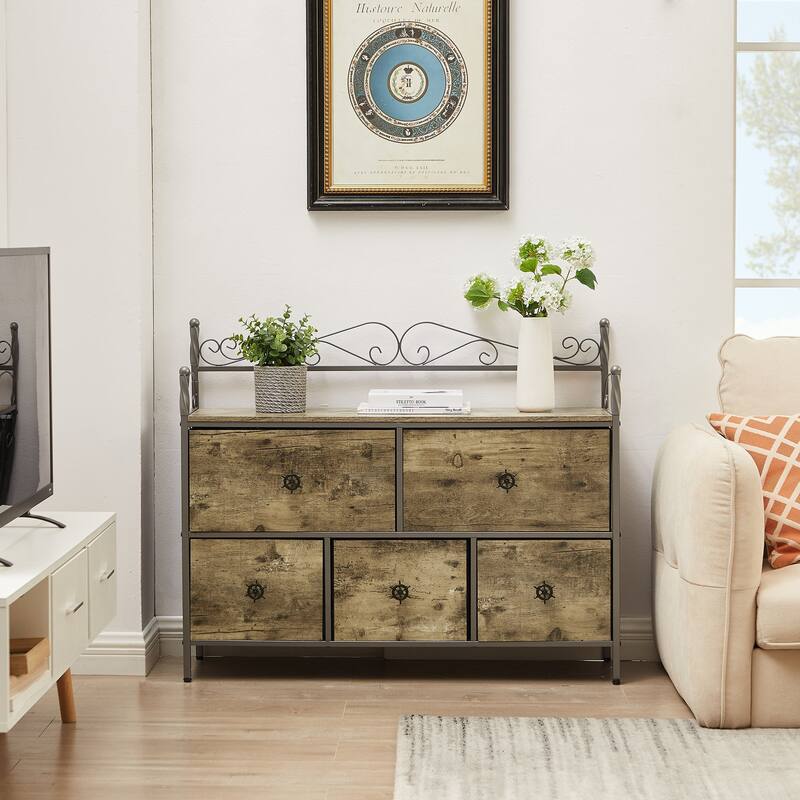 Wide Dresser Storage Tower with 5 Drawers Organizer Unit for Bedroom Hallway, Entryway - Grey
