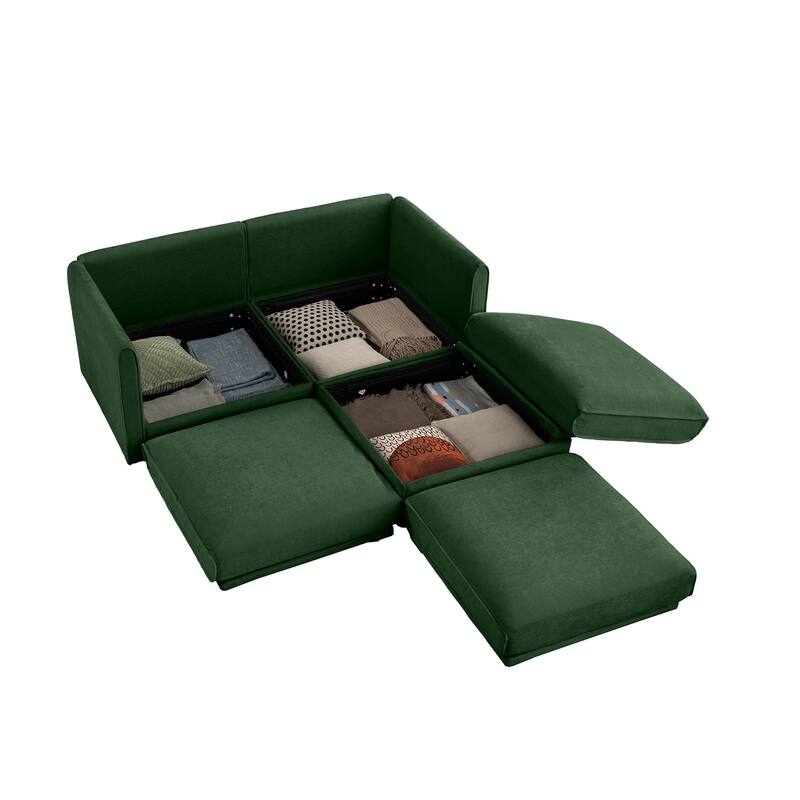75.5" Chenille 2-Seater Sofa with Ottoman Storage & Cylindrical Backrest