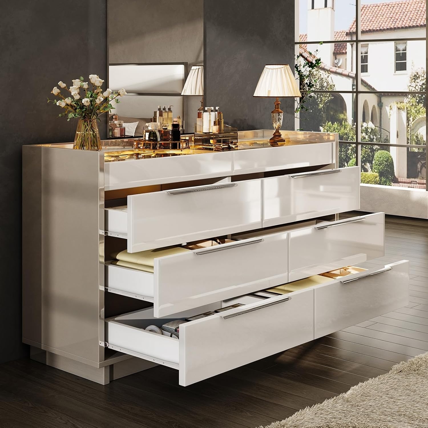 47.2 Inch Modern High Gloss Dresser with LED Light, Glass Tabletop & Jewelry Drawers, Cream & Grey