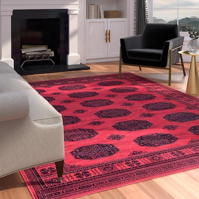 Bijan Border Red and Black Viscose Area Rug 5"x8" - 9'3" x 12'3"