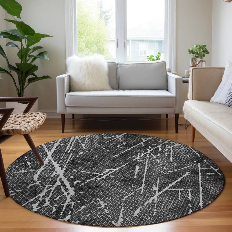 Machine Washable Indoor/ Outdoor Chantille Contemporary Crackle Rug - Charcoal - 8' x 8'
