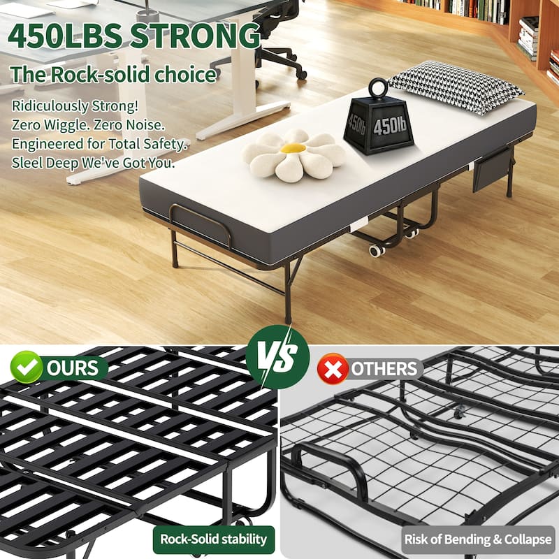 75 Inch Folding Bed with 5" Memory Foam Mattress, Rollaway Guest Bed, Heavy-Duty on Wheels, Portable Twin Bed
