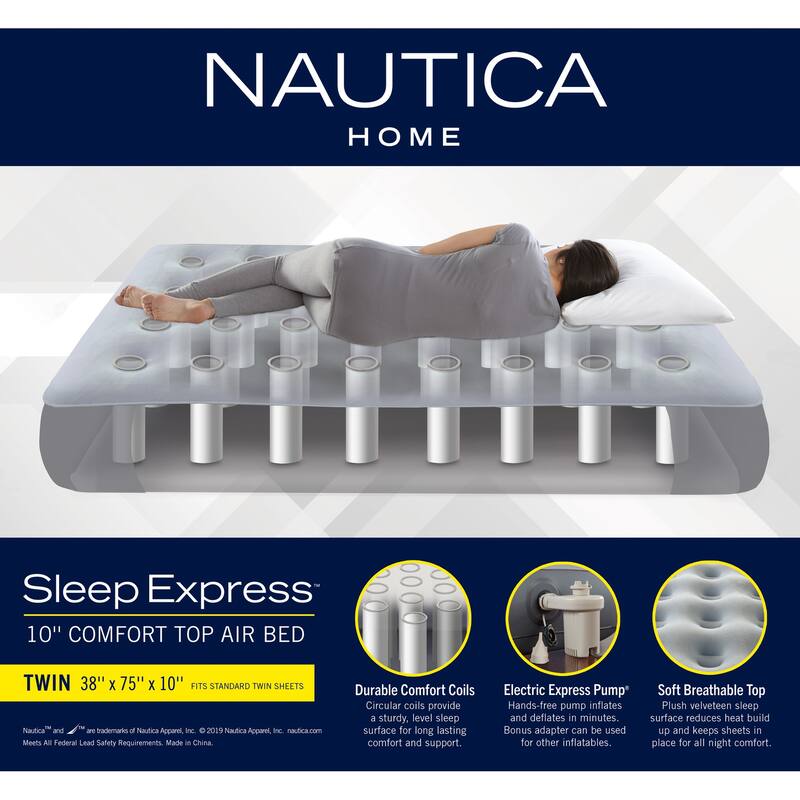 Nautica Home Sleep Express 10 in. Inflatable Air Mattress with External Pump - Bed with Puncture Resistant Vinyl Construction