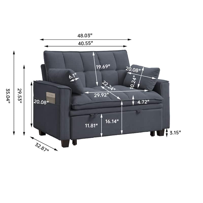 48.03" Pin Striped Fabric 3 in 1 Convertible 2 Seater Sleeper Sofa Bed