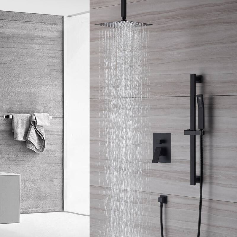 2 Function 10-inch Ceiling Mount Dual Shower Heads Shower System With Sliding Rod Shower Hand - Matte Black