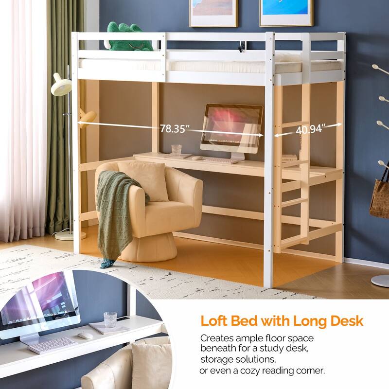 Wood Loft Bed with Desk Twin Size with RGB LED for Adults, 2 Charging Station