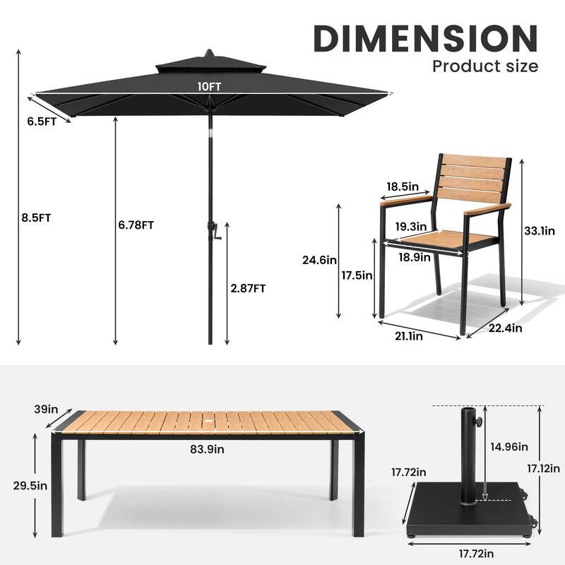 9/11-Piece Patio Dining Set Aluminum Dining Table and Chairs w/10 ft Market Umbrella and Base with Wheels