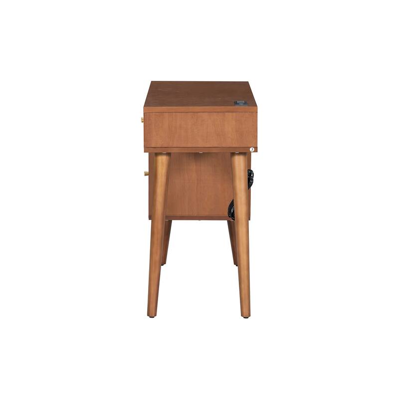 39" Retro Bohemian Style Wooden Makeup Vanity Set with Charging Plug&USB Port and Stool