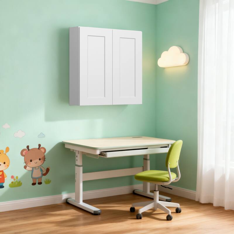 30 Inch White Shaker Double Door Wall Cabinet Solid Wood with 3 adjustable shelves Ready to Assemble, Laundry and Garage Storage - White