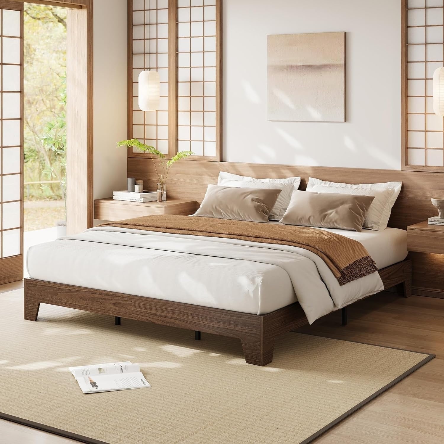 King Platform Bed, Underbed Storage, Wood&Metal Slats, No Headboard, Walnut