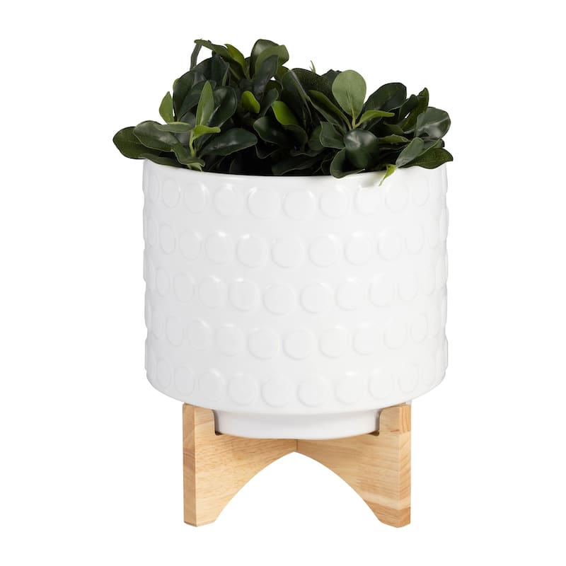 Sagebrook Home Ceramic Planters: Elevate Your Greenery with Stylish Bamboo Wood Stands - Perfect Home Decor Accessory