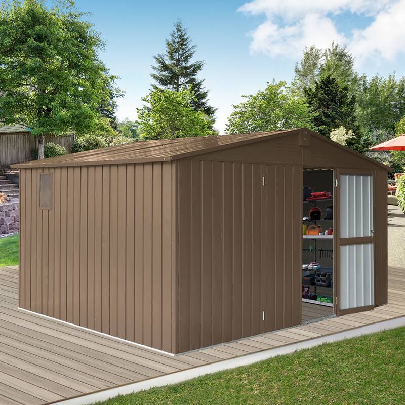 Rust-roof Metal Storage Shed with Double Lockable Doors, Water-proof Garden Shed Pet Shed, Air Vents - Brown