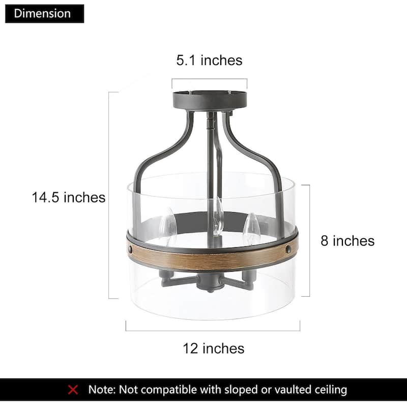 Modern Farmhouse 3-Light Glass Semi-Flush Mount Drum Ceiling Light