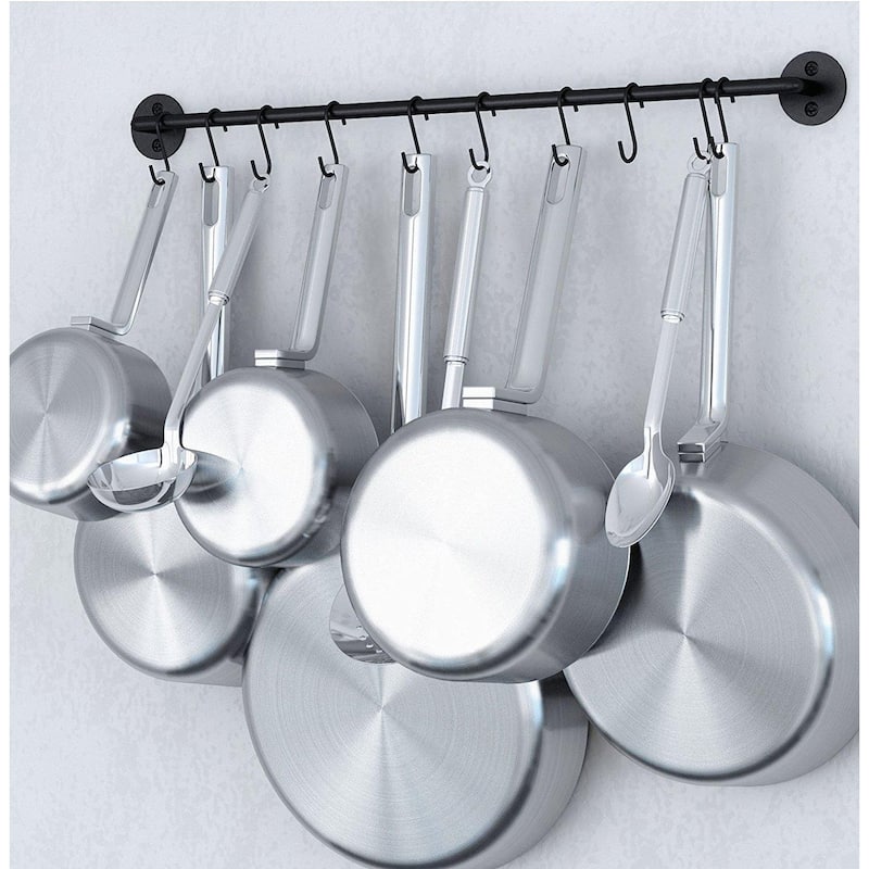 Wallniture Cucina Steel 24'' Wall Mounted Kitchen Rail with 10 Hooks, Black